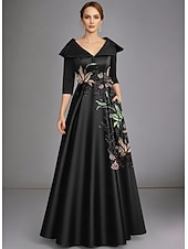  Linha A Longo Bordado com miçangas Vestido formal Vestido para a mãe da noiva Vestidos de noite Elegante Brilhante Floral Meia Manga Colarinho de Camisa Casamento Formal Cetim com Fenda Apliques