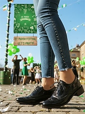 levne Dámská obuv-Dámské zelené oxfordské společenské boty s detailem brogue – pohodlné boty na nízkém podpatku se šněrováním na průvod ke Dni svatého Patrika, irské festivalové outfity, sváteční párty outfity