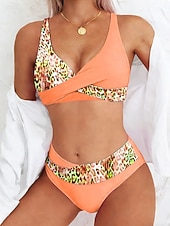 billiga Bikiniset-Dam Badkläder Bikini Kaxig Baddräkt Semester Mode Grafisk Prickig V-hals Ärmlös Baddräkter