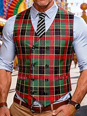  Per uomo Gilet All'aperto Carnevale Feste Formale Moda Streetwear Primavera Autunno Bottoni Poliestere Traspirabilità Plaid Monopetto Scollo a V Vestibilità su misura Verde Gilet