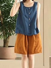 olcso Luxus ingek-Női Pamut vászon mellény Fodrozott Gombok Tömör szín Stílusos Alap Alkalmi Ujjatlan Szögletes Normál felsők Napi Medence Sárga Barna Nyár Tavasz