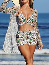 Χαμηλού Κόστους Σετ μπικίνι 3 τεμαχίων-Γυναικείο Μπικίνι 3 Τεμαχίων Μαγιό Σορτς Slim Χωρίς Πλάτη Διακοπές Παραλία V Λαιμός Αμάνικο Μαγιό