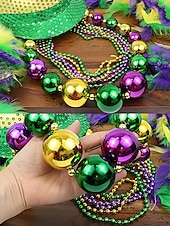 levne Příslušenství-Dámská sada plastových náhrdelníků s korálky na Mardi Gras - barevné zelené fialové a zlaté perfektní pro karnevalové a maškarní párty