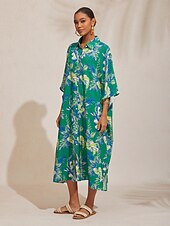 halpa Mekot-lehtikuvioinen paita lyhythihainen midi-mekko