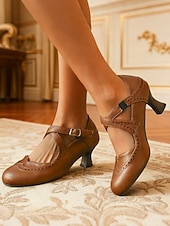 Χαμηλού Κόστους Ρετρό στυλ της δεκαετίας του 1950-Γυναικείες vintage καφέ γόβες Mary Jane με αγκράφα και brogue από απομίμηση δέρματος της δεκαετίας του 1950 – κομψές γόβες για επίσημες περιστάσεις, γραφείο και από το πρωί μέχρι το βράδυ