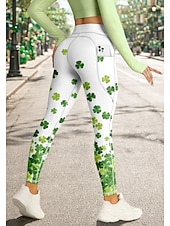  St. Patrick Women's pilates leggings fitness pants Gym Leggings Pockets Stamp Duty Side Pockets Pilates Gym Gym Workout Pants Tights Leggings Floral Clover Green Sports Activewear High Elasticity