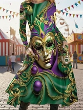 preiswerte Karnevalskleidung für Damen-Damen Midikleid Freizeitkleid Schwingkleid Elegant Mode Täglich Outdoor Wochenende Normale Passform Blumen Grafik Langarm Rundhalsausschnitt Blau Gelb Purpur Grün Frühling Herbst Winter