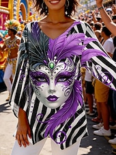 ieftine Îmbrăcăminte pentru femei Mardi Gras-Bluză pentru femei Carnaval Grafic Stripe Abstract Vintage Stylish Casual cu Mâneci 3/4 Gât în formă de V Bluză Regulată U street Dailywear Print Galben Roșu Mov Portocaliu Verde Primăvara Toamna
