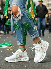  Damesko med irsk shamrock-trykk i flyknit-stil – lette, pustende tursko med polstret såle, avslappede joggesko for daglig bruk, parader, St. Patricks dag, reiser og utendørsaktiviteter
