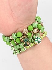 baratos Acessórios-Conjunto de pulseiras femininas para o Dia de São Patrício, pulseiras empilháveis de várias voltas com contas verdes, estilo trevo da sorte, materiais de liga metálica e cristais sintéticos, joias festivas irlandesas para mulheres.