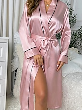 baratos Roupões para mulher-Mulheres manto Casual Macia Seda Retalhos Cordões Patchwork Diário Casa De Cama Manga Longa Decote V Preto Rosa Vermelho Cáqui Verão Ajuste Largo