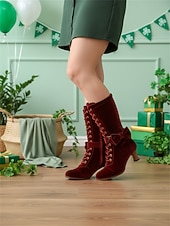  Damskie aksamitne botki sznurowane w kolorze leśnej zieleni – eleganckie botki na obcasie typu „kaczuszek” z ozdobnym kokardką na imprezy z okazji Dnia Świętego Patryka i zimowe festiwale