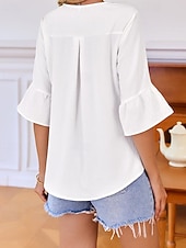 Χαμηλού Κόστους Επίσημες Μπλούζες-Γυναικεία Πουκάμισο Κομψή Σατέν Μπλούζα Μπλούζα Σουρωτά Με Βολάν Κουρελού Σκέτο Κομψό Βίντατζ Καθημερινά Μακρυμάνικο Λαιμόκοψη V Κανονικά μπλουζάκια Καθημερινά Δουλειά Αργίες