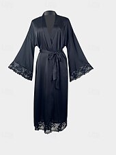 abordables Combinaisons pour femmes-Femmes Robe Occasionnel Doux Satin Couleur Unie Dentelle Quotidien Maison Lit manche longue Col en V Noir Blanche Été Coupe régulière