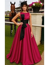 halpa A-linjaiset iltapuvut-A-linja Kokopitkä Derby-mekko Iltapuku Ball Gown Muodollinen mekko Tyylikäs Hihaton Venekaula-aukko Kentucky Derby Tasku Joustava satiini kanssa Rusetti(rusetit)