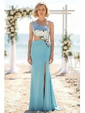 cheap Long Dresses &amp; Gowns-Sheath Column Sweep Brush Train Asymmetrical Prom Dress Beaded Eembroidered Party Dress Wedding Guest Dresses Party Glittering Sleeveless One Shoulder Prom Wedding with Sequin