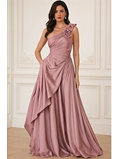 abordables Vestidos de Noche en A-Corte A Hasta el Suelo Vestidos de noche Elegante Sedoso Sin Mangas Un Hombro Boda Formal Bolsillo Satén con Flores 3D Bolsillo
