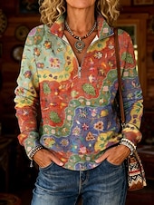 abordables Boho Tops-Women's Pullover Sweatshirt Zipper Floral Graphic Casual Long Sleeve Half Zip Regular Tops Casual Dailywear Holiday Yellow Red Spring Fall