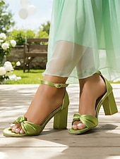 baratos Convidado do casamento-Sandálias femininas verdes de cetim com salto bloco e nó - elegantes sapatos de casamento com tira no tornozelo para damas de honra. &amp;convidados, saltos altos elegantes e confortáveis para o jardim