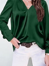 cheap Dressy Blouses-Women's Shirt Elegant Satin Top Blouse Ruched Plain Vintage Stylish Long Sleeve V Neck Regular Tops Holiday Going out Black White Wine Apricot Summer Spring