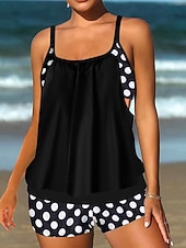 זול טנקיני-בגד ים טנקיני 2 חלקים לנשים עם חצאיות מחטב בטן מותן גבוהה שקוף בגד ים חופים עם פסים נקודתיים וצווארון U ללא שרוולים