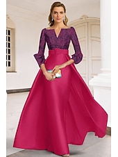 halpa A-linjaiset iltapuvut-A-linja Kokopitkä Iltapuku Tyylikäs Kukka-aihe Morsiamen äiti 3/4 hiha V kaula-aukko Puutarhajuhlat Häät Satiini Pitsi kanssa Laskokset