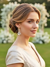 abordables Boda ACC-Pendientes colgantes de perlas artificiales para mujer, elegante diseño geométrico con detalles de cristal, estilo nupcial clásico, para novias, ceremonias de boda y eventos formales de noche.