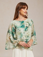  Femmes Chemisier Hauts en mousseline de soie Hauts en dentelle À lacets Superposé Fleuri Élégant Manche 3/4 Col ras du cou Hauts Réguliers Quotidien robe demoiselle d honneur Vert Été Printemps