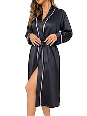 baratos Roupões para mulher-Mulheres manto Casual Macia Seda Retalhos Cordões Patchwork Diário Casa De Cama Manga Longa Decote V Preto Rosa Vermelho Cáqui Verão Ajuste Largo