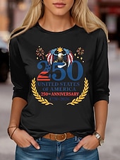  Unabhängigkeitstag Amerikanisches Jubiläum Patriotischer Damen T-Shirt Grafik USA Flagge Mode Stilvoll Klassisch Langarm Rundhalsausschnitt Täglich Wochenende Druck Schwarz Weiß Rot Sommer Frühling