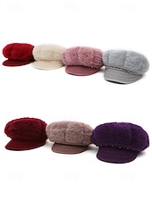 levne Dámské klobouky-Dámská polyesterová čepice z umělé kožešiny, zdobená perlami, dostupná v několika barvách, ideální pro zimní outfity