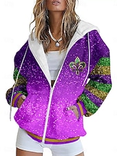 tanie Odzież damska na karnawał-Carnival Damska Bluza na Zamek Graficzna Geometryczna Abstrakcyjna Moda Streetwear Casual Długim Rękawem Z Kapturem Regularne Topu Codzienna Wygoda Wyjście Na Zamek Kieszeń Fioletowy Zielony Ciemny