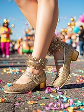 preiswerte Frauen Schuhe-Damen Mardi Gras Glitzer Mary Jane Schuhe – Funkelnde Doppelriemen Niedrigblockabsätze festliche Karnevalsparty-Fußbekleidung für Umzugsteilnehmer Tänzerinnen und Feier-Outfits