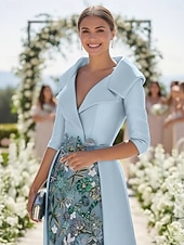 economico Lunghezza del pavimento-Linea ad A Tubino Colonna Lunghezza al pavimento Perline ricamate Abito da invitata a nozze Abito Formale Abito da cerimonia per signora Manica 3/4 Scollo a V Colletto a Camicia Elegante Vintage