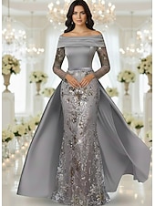  A-Line Mermaid Trumpet Floor Length Beaded Eembroidered Formal Dresses Mother of the Bride Dress Evening Gown Elegant Celebrity Style Long Sleeve Off Shoulder Wedding Formal with Lace Glitter
