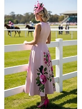  Ligne A Longueur thé Robe de Derby Robe de Mère de Mariée  Sans manches Col en V Élégant ancien Kentucky Derby Satin avec Fleur Imprimé