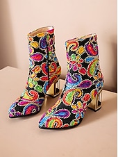 tanie Buty damskie-Kobiece botki z cekinami i haftem – Kolorowe krótkie buty barokowe w stylu karnawałowym na imprezy festiwale i bal maskowy