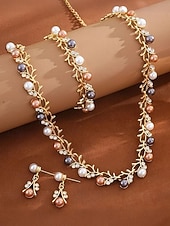 abordables Boda ACC-Conjunto de joyas de aleación de perlas de imitación para mujer: conjunto de 3 piezas de collar, pulsera y aretes, perfecto para bodas y ocasiones especiales.