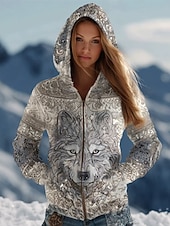 abordables Tops Viking-Mujer Sudaderas con cremallera Cremallera Bolsillo Estampado Graphic Plaid Moda occidental Casual Manga Larga Con Capucha Tops regulares Casual Calle Uso Diario Negro Gris Otoño Invierno