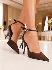 economico Invitato al matrimonio-scarpe con tacco alla caviglia in pelle scamosciata color carne da donna: eleganti décolleté a punta stiletto per matrimoni al chiuso, invitati a nozze e scarpe eleganti per feste formali