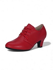 voordelige Ballroomschoenen &amp; moderne dansschoenen-Professionele Latijns-Amerikaanse dansschoenen voor dames - rode kunstleren veterschoenen met hakken voor ballroomdansen, comfortabele en stabiele salsa- en tangoschoenen met middelhoge hak voor