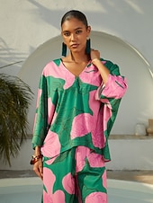 cheap Shirts,Tops &amp; Blouses-Vacation Contrast Geometric Print Dolman Sleeve Satin Top