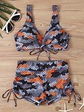 お買い得  ビキニセット-ウィメンズビキニ 2ピース水着 レオパード ショーツ スリム バックレス バケーション ビーチウェア カモ Vネック ノースリーブ 水着