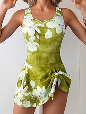 お買い得  ワンピース水着-女性用ワンピース水着 スカート付き モノキニ ハイカット タミーコントロール ハイウエスト スリム バックレス バカンス ヴィンテージ フローラル グラフィック Uネック ノースリーブ 水着