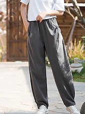 preiswerte Unterteile-Damen Hose aus Baumwollleinen Chinos Sommerhose Lange Unterhosen Urlaub Streetwear Basic Volle Länge Mittlere Taillenlinie Einfach Tasche Elastischer Bund Bequem Komfort Unelastisch Täglich Outdoor