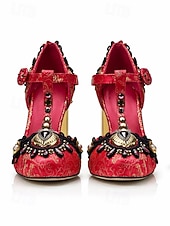 preiswerte Barock &amp; Aussage-Damen Mardi Gras Barock-inspirierte Karneval T-Strap Heels – Verzierter Satin-Pumps mit goldenen Akzenten Strasssteinen und klobigen Absätzen für Maskeradenbälle und Feierlichkeiten