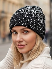 halpa Naisten hatut-Naisten neulottu polyesteripipo, strassikoriste, saatavilla useissa väreissä, täydellinen talvimuotiin