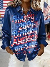  Día de la Independencia Aniversario Americano Patriótico Camisa de Mujer Gráfica Bandera Vintage Elegante Moderna de Manga Larga Cuello de Camisa Tops Regulares Diarios Festivos Azul Blanca Verano