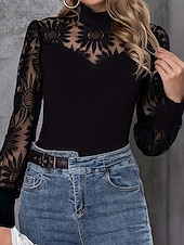 tanie Koronkowe topy-Damskie Bluzka Bluzki koronkowe Koronka Niejednolita całość Równina Zabytkowe Elegancki Długi rękaw Wysoki Zwykłe topy Codzienny Święto Wyjściowe Czarny Lato Jesień