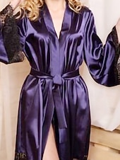 billiga Onesies till damer-Dam Morgonrock Ledigt Mjukt Satin Ren färg Spets Dagligen Hem Säng Långärmad V-hals Silver Svart Vit Rodnande Rosa Vin Sommar Vår Lös passning